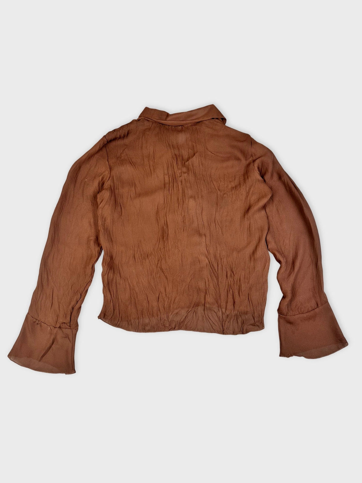Brown ruffle blouse with lace detailing back view