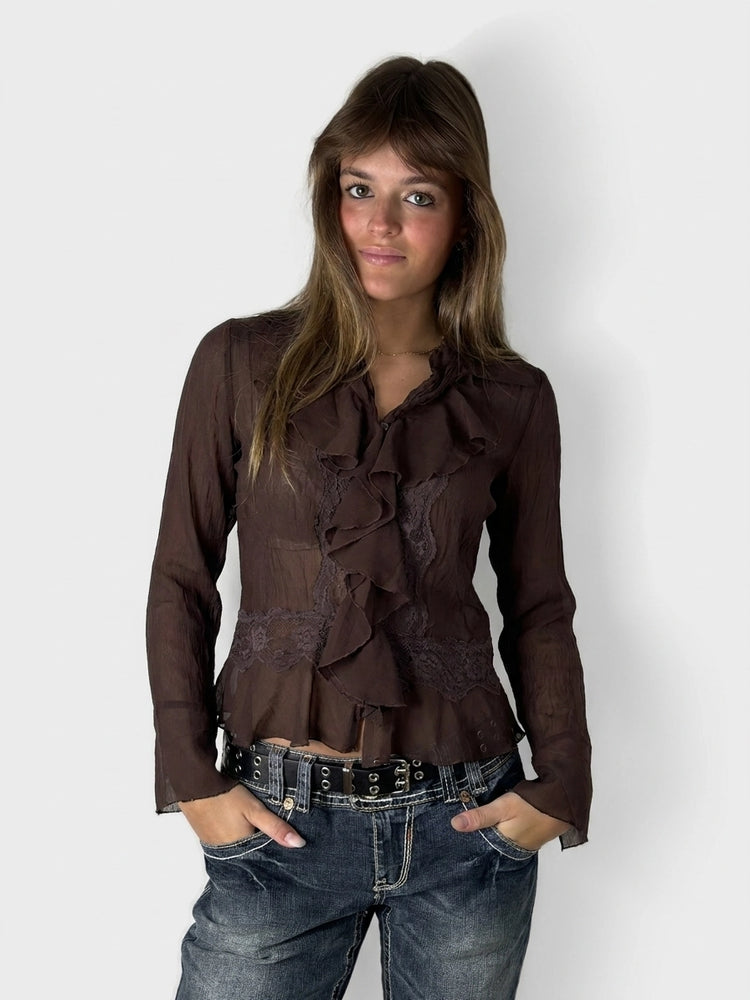 Brown Ruffle Lace Blouse With Edgy Detail (S)