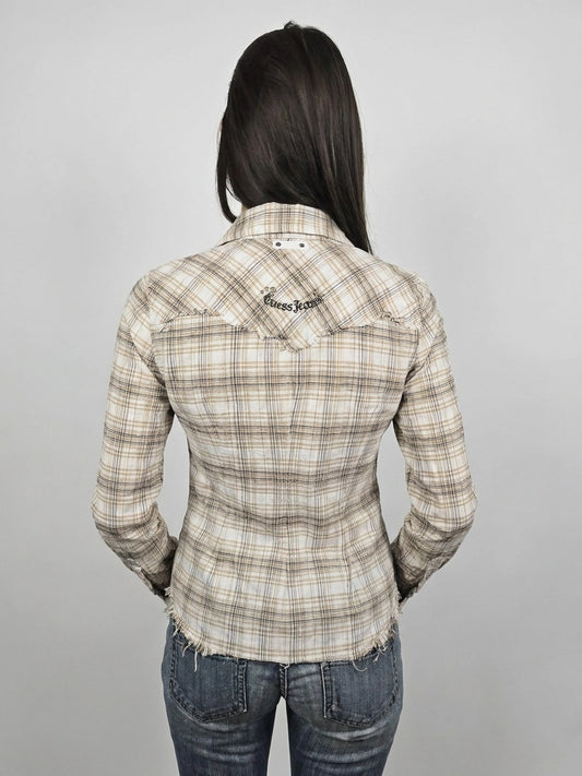 Back view of a plaid button-up shirt with a frayed hem in beige.