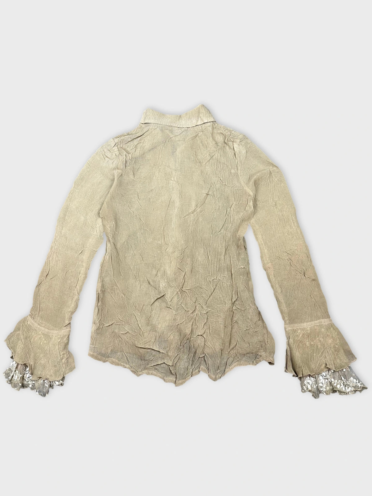 Back view of a beige long sleeve top with ruffled silver trim.