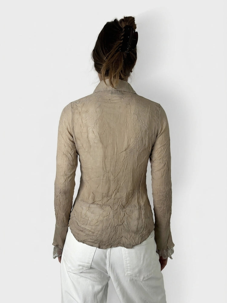 Beige Ruffled Long Sleeve Top for Effortless Style (M)
