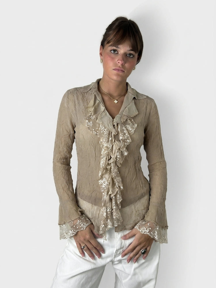 Beige Ruffled Long Sleeve Top for Effortless Style (M)