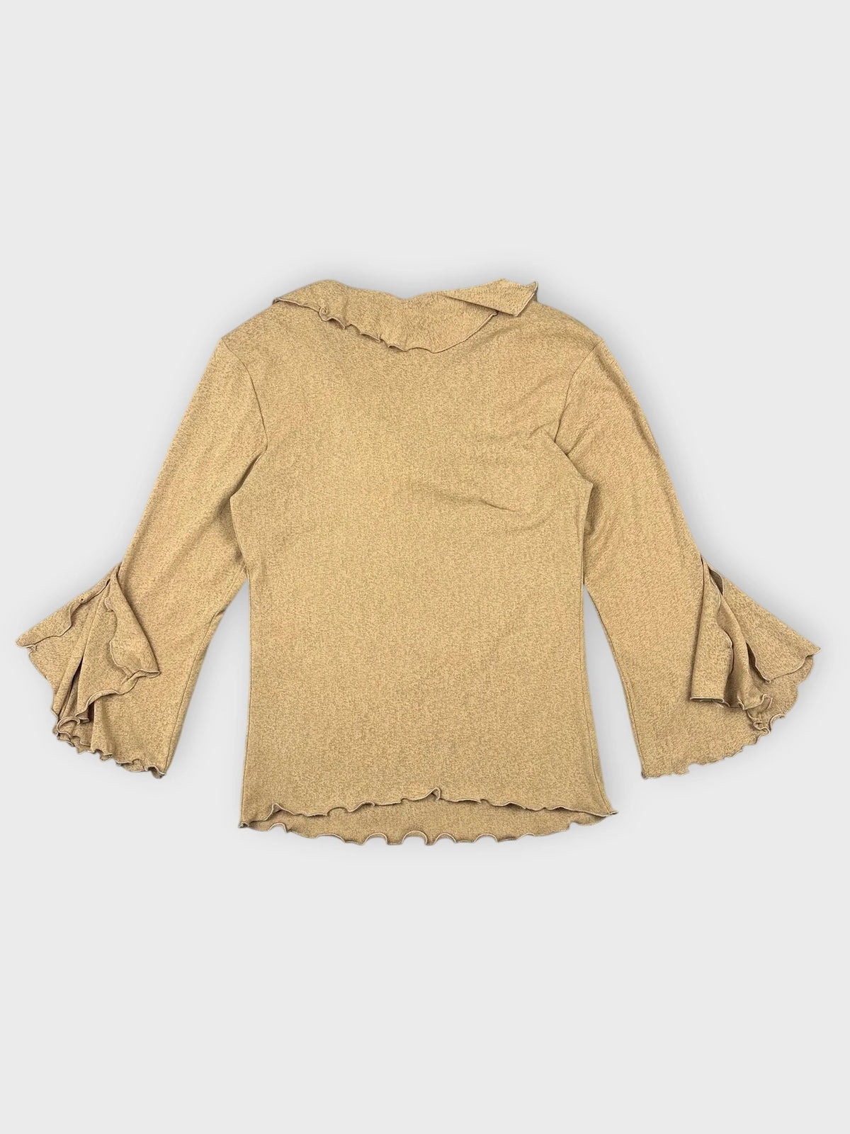 Back view of a warm beige long sleeve top with ruffled sleeves.