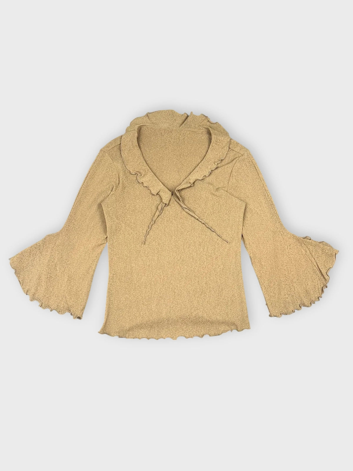Warm beige long sleeve top with ruffled sleeves and collar front view