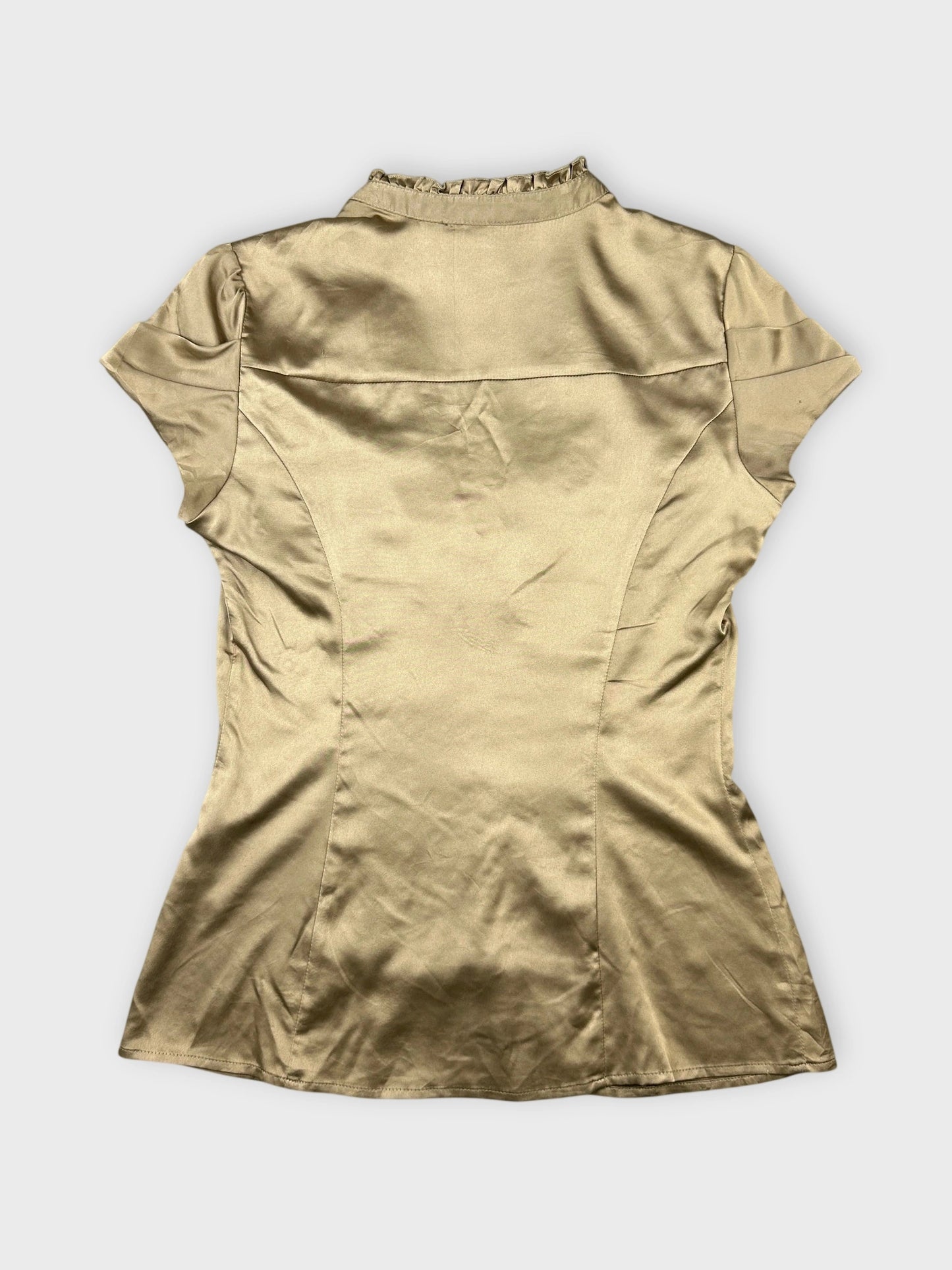Back view of taupe satin blouse with ruffled collar detail
