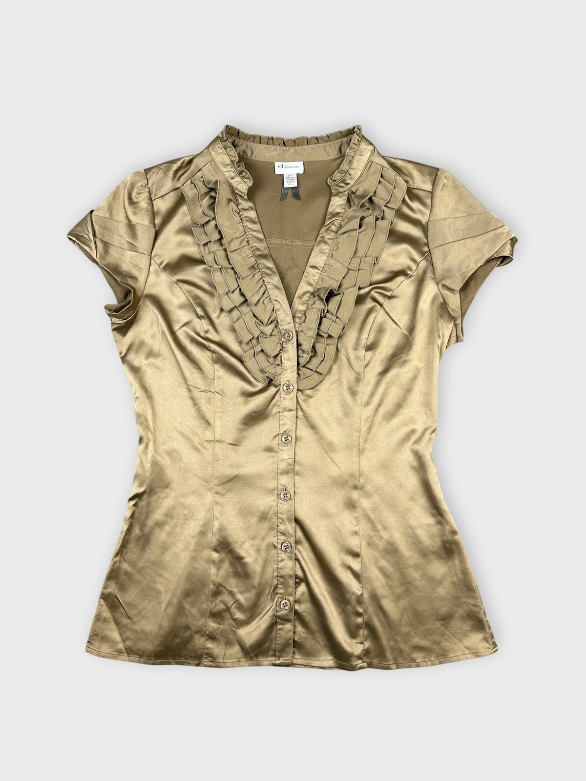 Chic ruffled satin blouse in taupe with ruffle detail, front view.