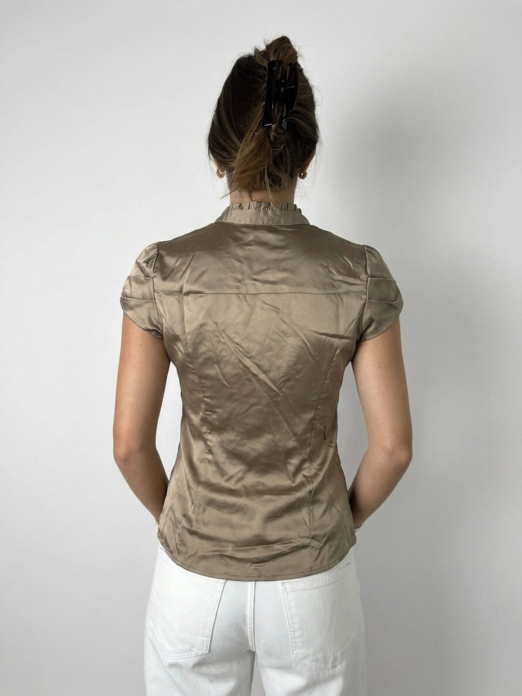 Chic Satin Blouse with Ruffles in Taupe (S)