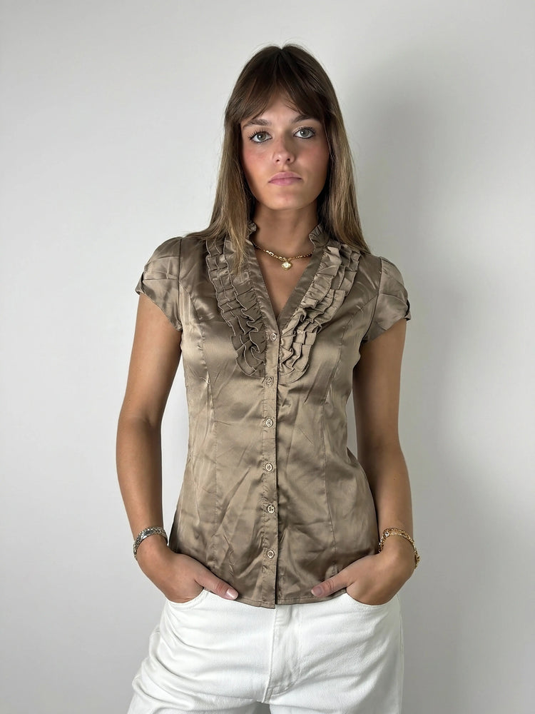 Chic Satin Blouse with Ruffles in Taupe (S)