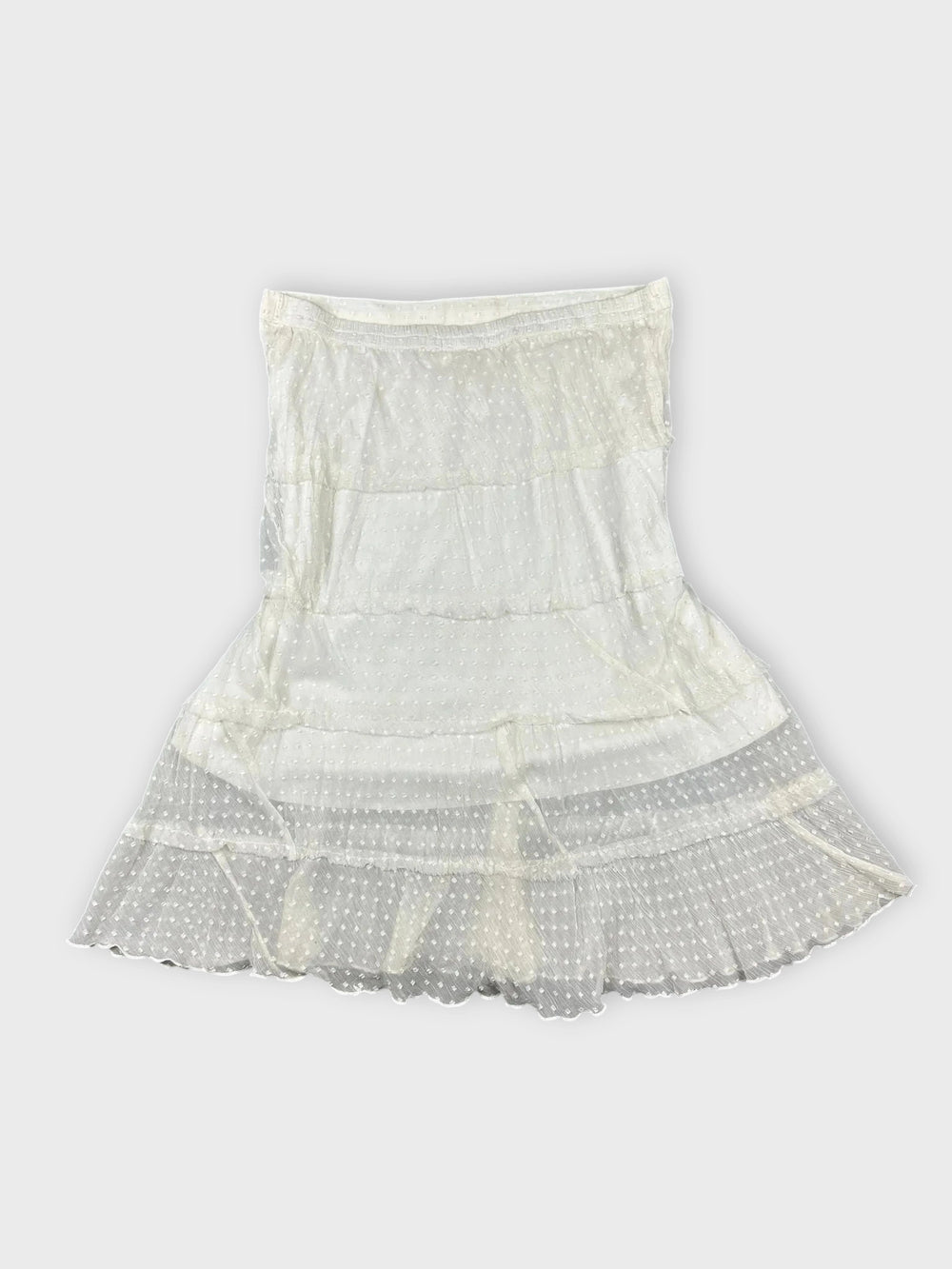 front view, Studio west Apparel Chic Sheer Polka Dot Mini Skirt with Ruffles (W31 / L), vintage Y2K second hand piece