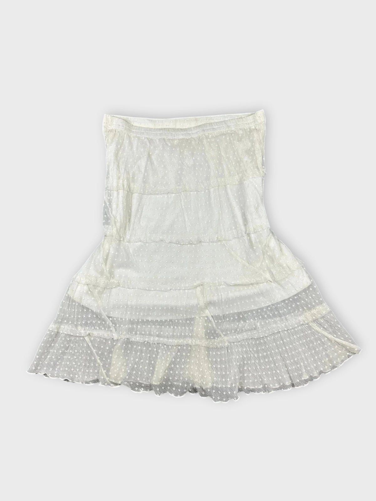 front view, Studio west Apparel Chic Sheer Polka Dot Mini Skirt with Ruffles (W31 / L), vintage Y2K second hand piece