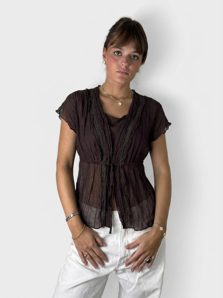 Front view of a sheer brown ruffled top with tie detail.