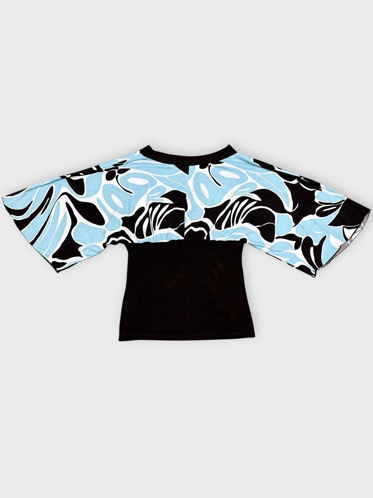 Back view of a kimono top featuring a blue swirl print and black sleeves.