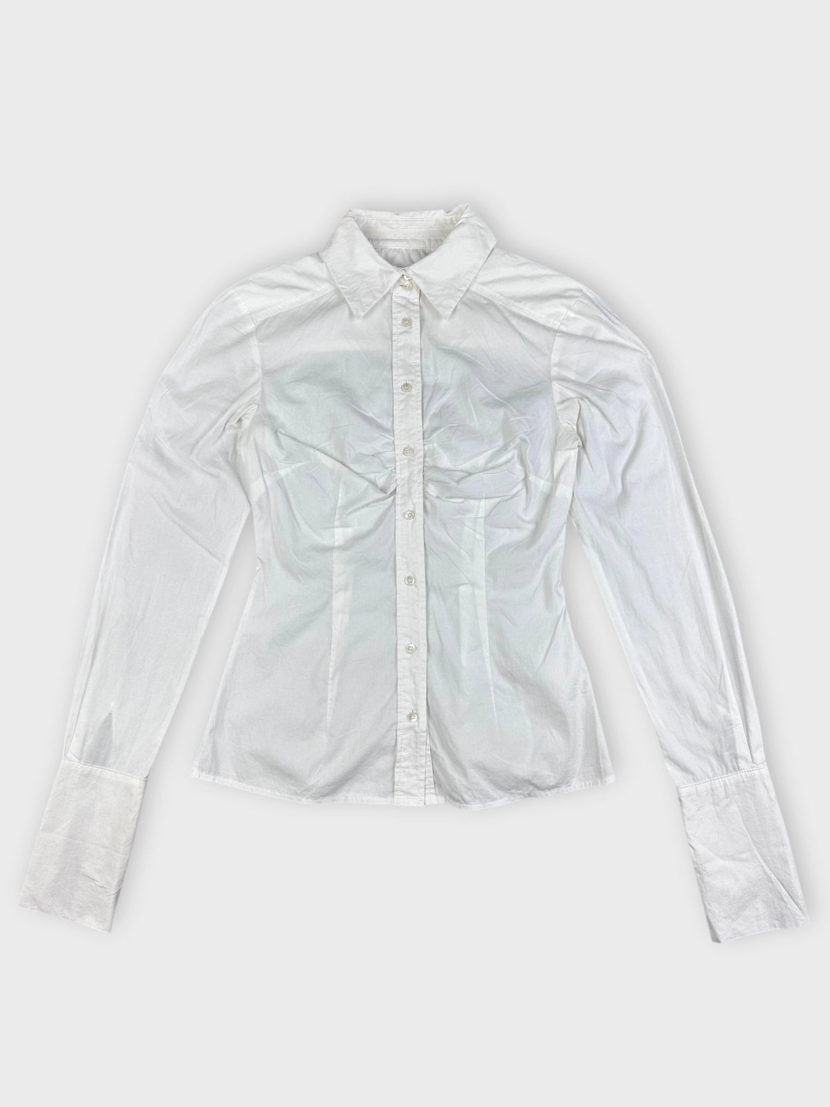 White long sleeve button-up shirt with a classic collar front view.