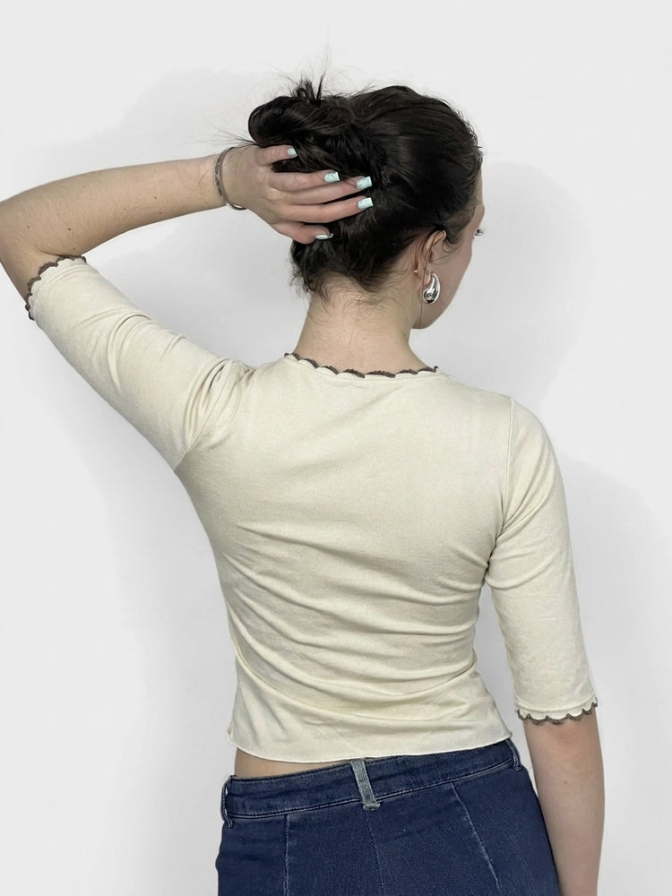Cream Floral Wrap Top with Edgy Trim (S)