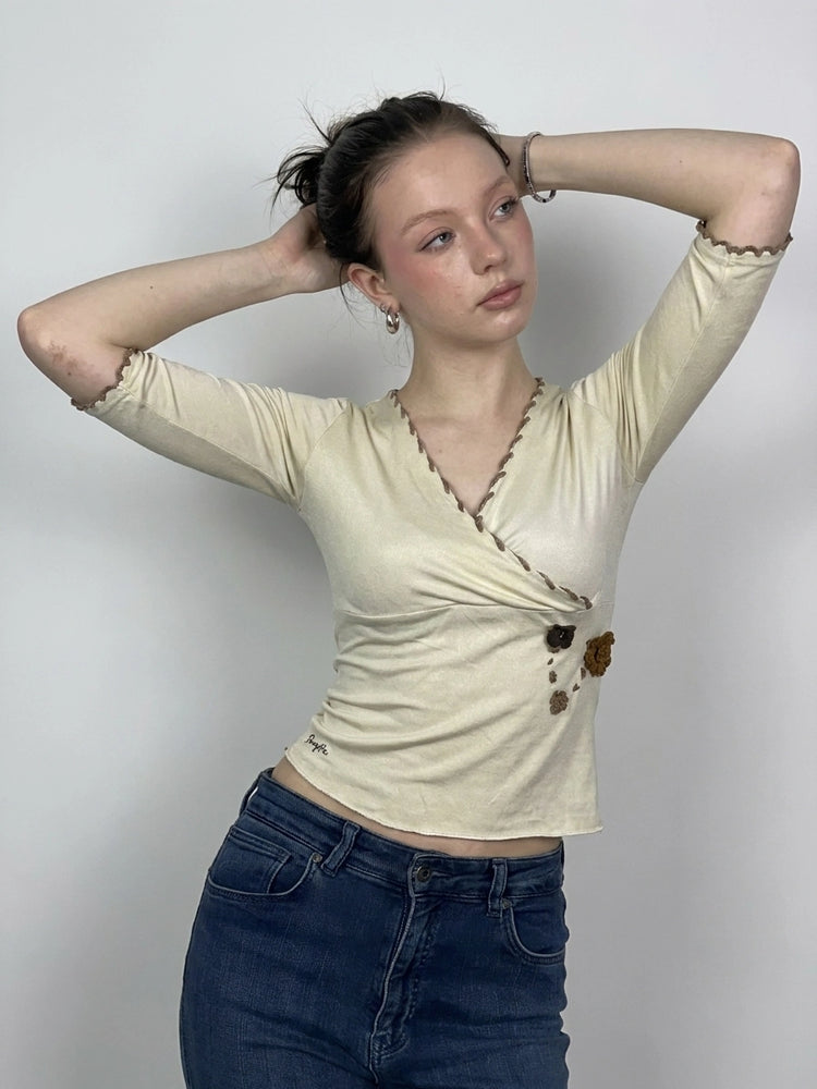 Cream Floral Wrap Top with Edgy Trim (S)