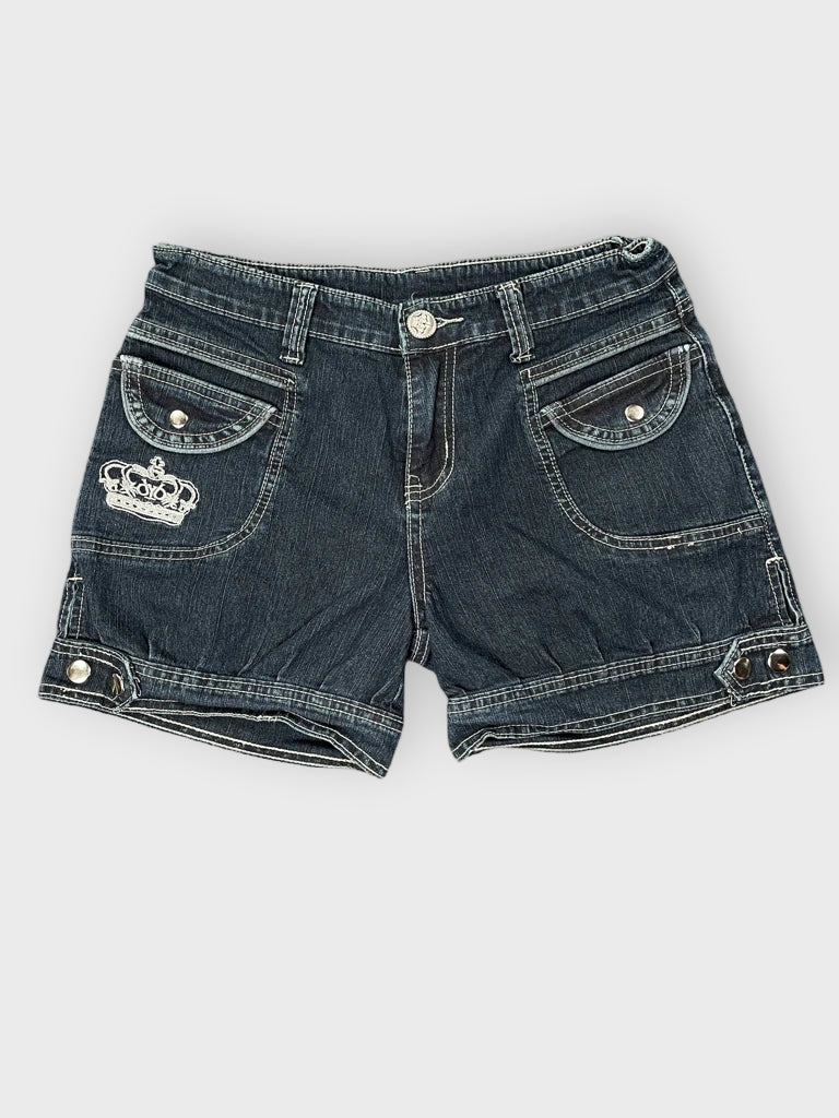 detail view, Crown Embroidered Dark Wash Denim Hotpants, vintage Y2K second hand piece