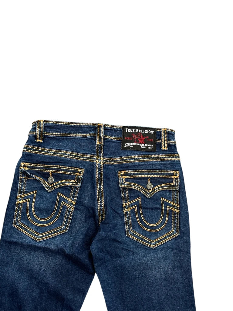 detail view, True Religion Dark Blue Bootcut Jeans with Signature Stitching, vintage Y2K second hand piece, image 4