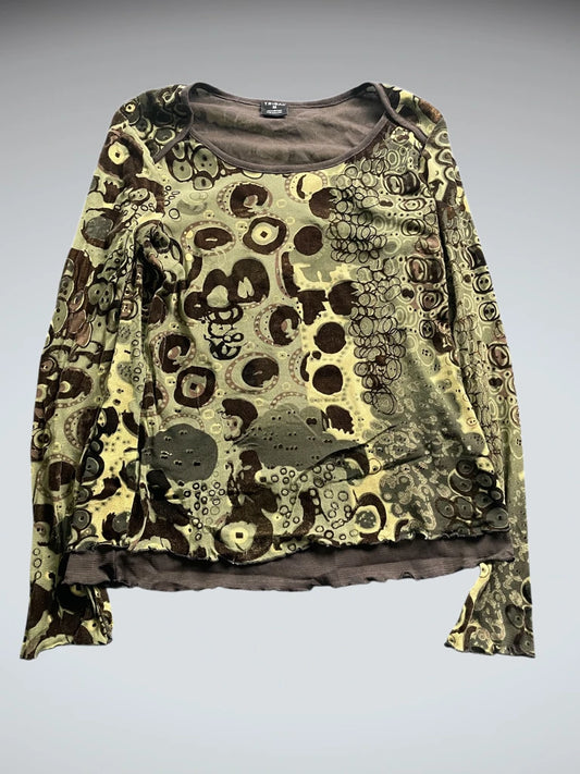 front view, Tribal Abstract Nature Velvet Top, vintage Y2K second hand piece
