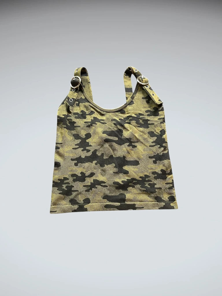front view, Suzette Camo Buckle Tanktop, vintage Y2K second hand piece