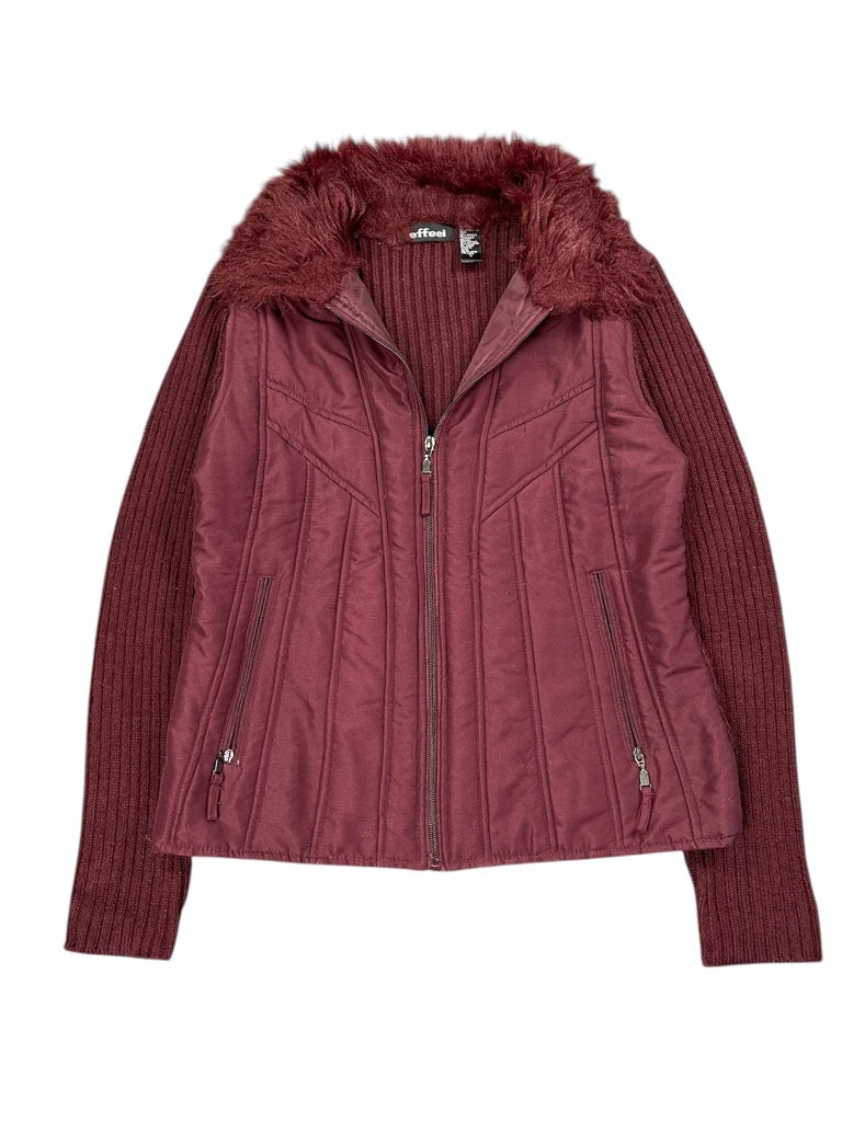 detail view, Effei Effeel Burgundy Faux Fur Collar Sweater Jacket, vintage Y2K second hand piece, image 4