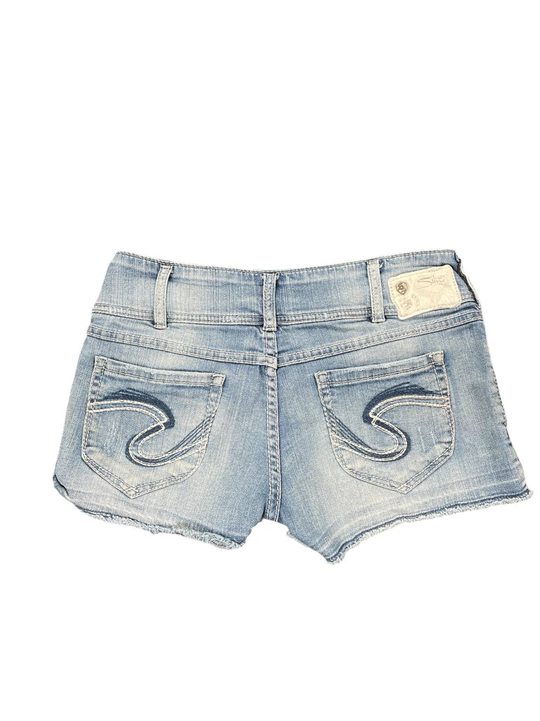 back view, Silver Light Blue Distressed Denim Hotpants, vintage Y2K second hand piece