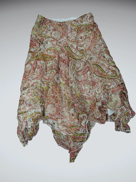 front view, Chadwick Paisley Dream Silk Asymmetric Skirt, vintage Y2K second hand piece