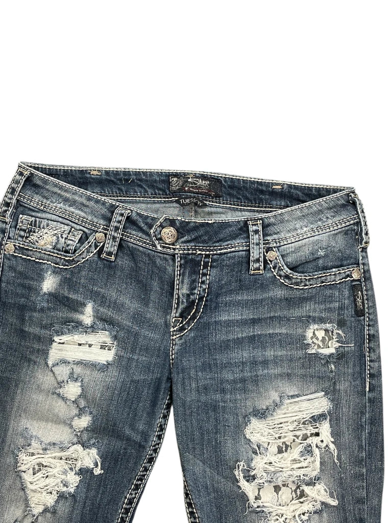 detail view, Silver Jeans Distressed Flared Denim Jeans, vintage Y2K second hand piece, image 4