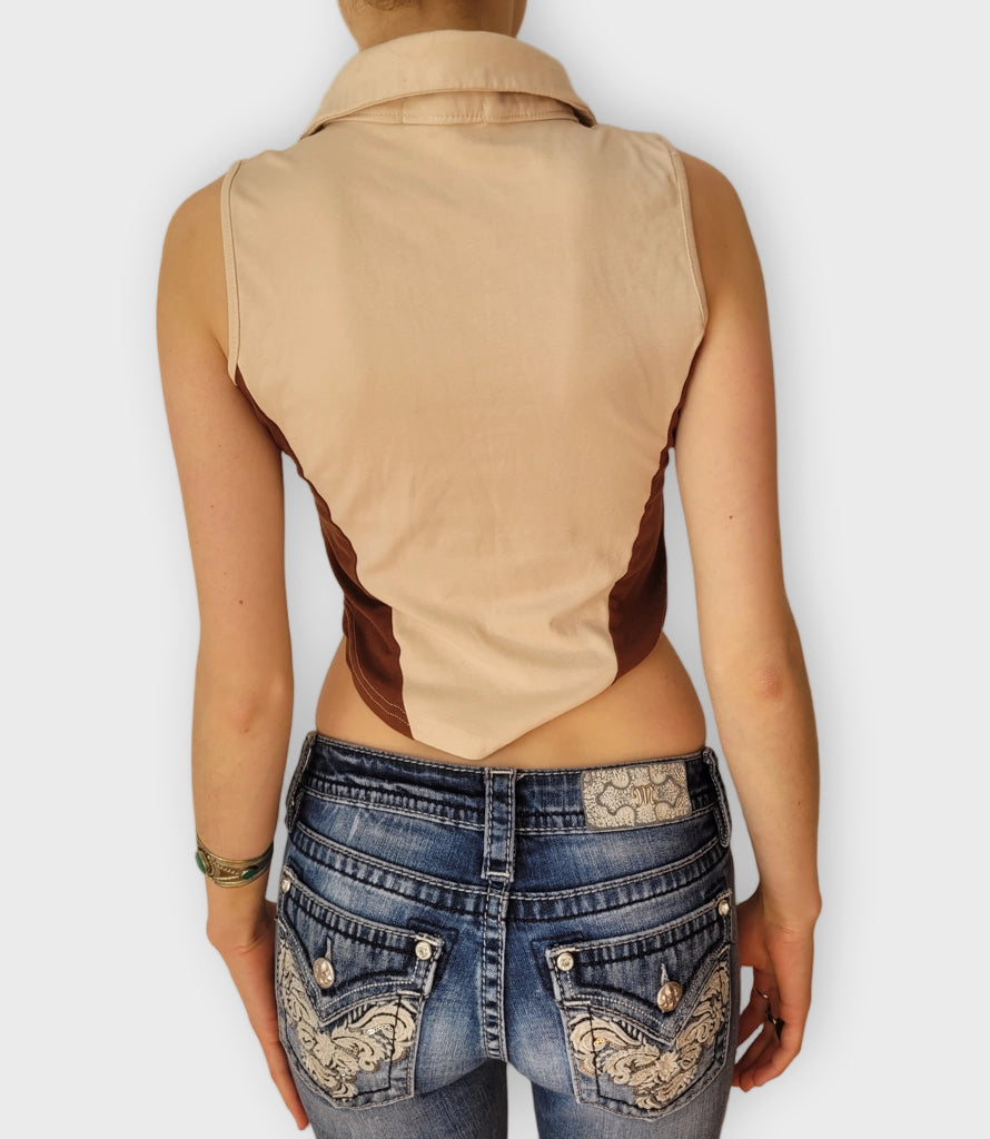 back view, HW Vogue Fashion Two Tone Lace Up Crop Top Brown Beige, vintage Y2K second hand piece