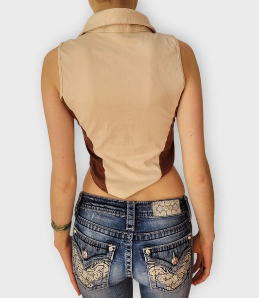 back view, HW Vogue Fashion Two Tone Lace Up Crop Top Brown Beige, vintage Y2K second hand piece