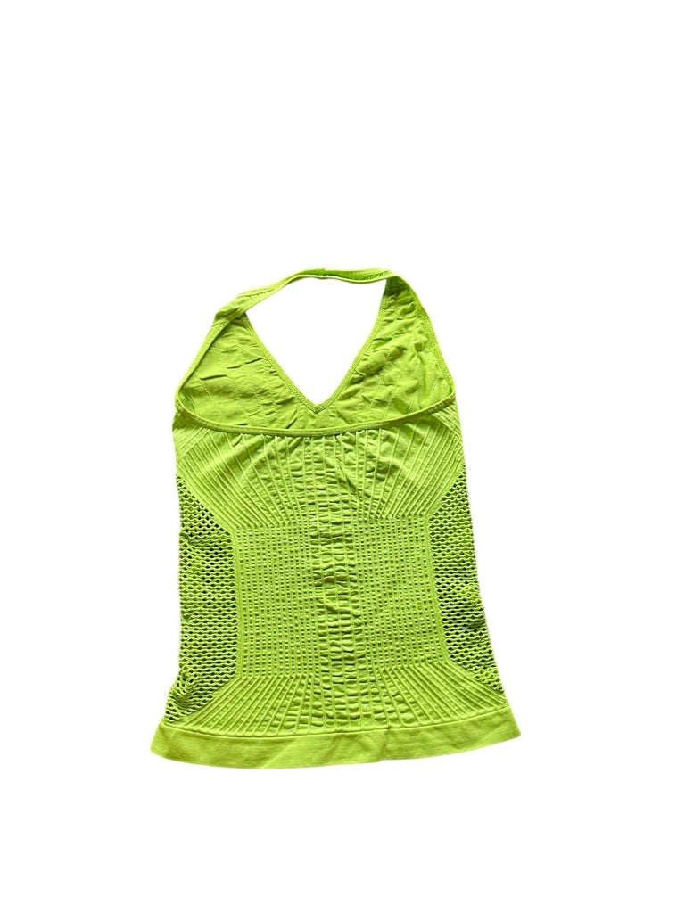 detail view, Fire Los Angeles Halterneck Mesh Top in Neon Lime, vintage Y2K second hand piece, image 6