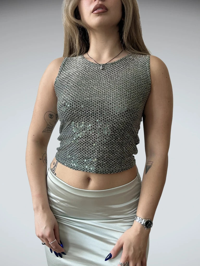 front view, Hennes Collection (L)Y2K Mini Green Glitter Top, vintage Y2K second hand piece