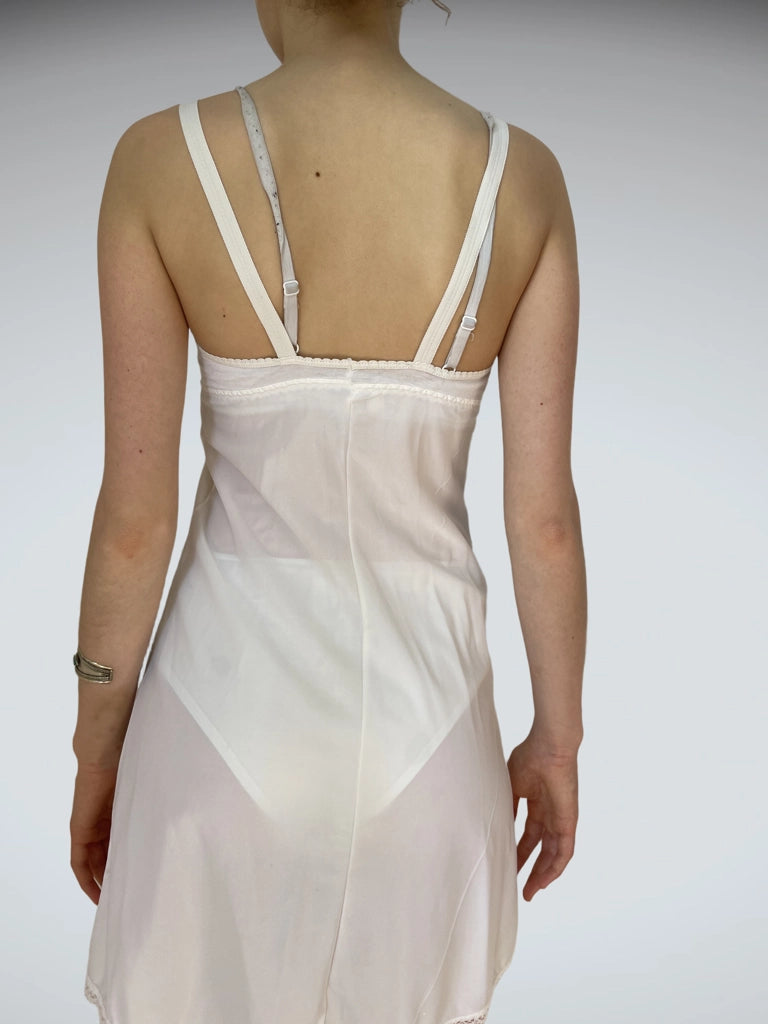 back view, Ethereal White Sheer Lace Trim Vintage Slip Dress Nightwear, vintage Y2K second hand piece
