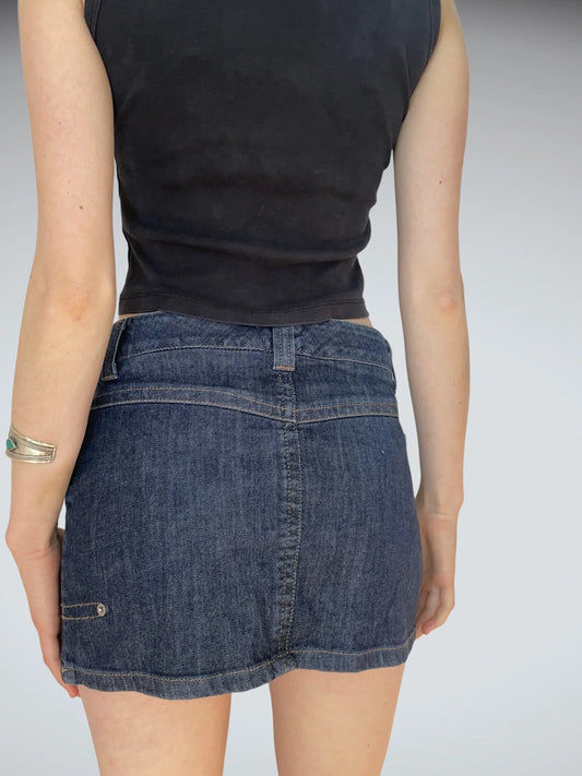 back view, Dark Indigo Denim Mini Skirt Sisley Low Waist Essential, vintage Y2K second hand piece