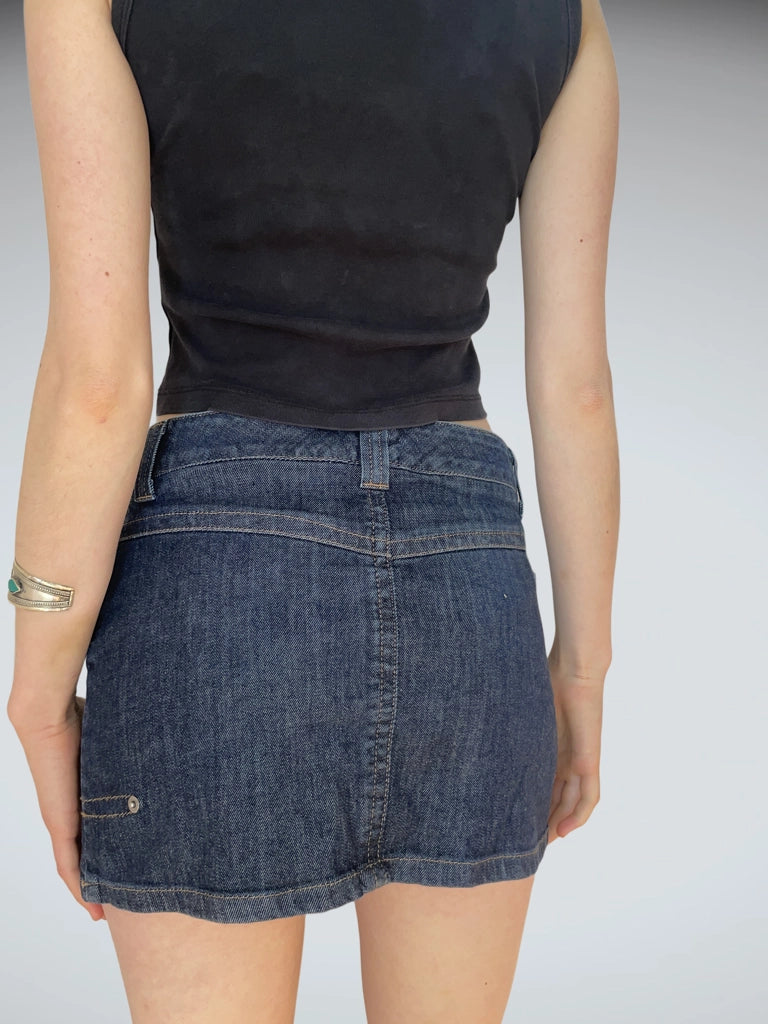 back view, Dark Indigo Denim Mini Skirt Sisley Low Waist Essential, vintage Y2K second hand piece