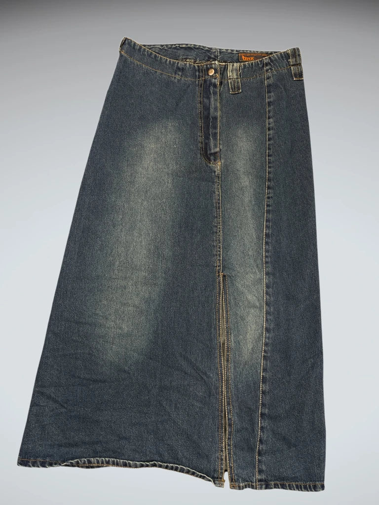 detail view, Tmx Denim Maxi Skirt with Front Slit, vintage Y2K second hand piece