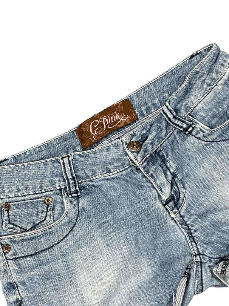 detail view, C Pink Light Blue Rolled Hem Denim Hotpants, vintage Y2K second hand piece, image 4