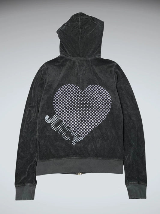 front view, Juicy Couture Black Heart Backprint Velour Hoodie (ONESIZE), vintage Y2K second hand piece