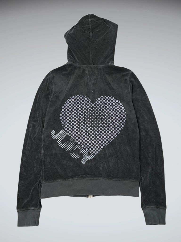 front view, Juicy Couture Black Heart Backprint Velour Hoodie (ONESIZE), vintage Y2K second hand piece