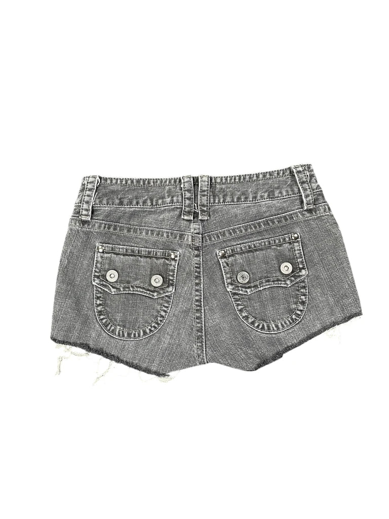 detail view, Low Rise Flare Grey Denim Hotpants, vintage Y2K second hand piece, image 4
