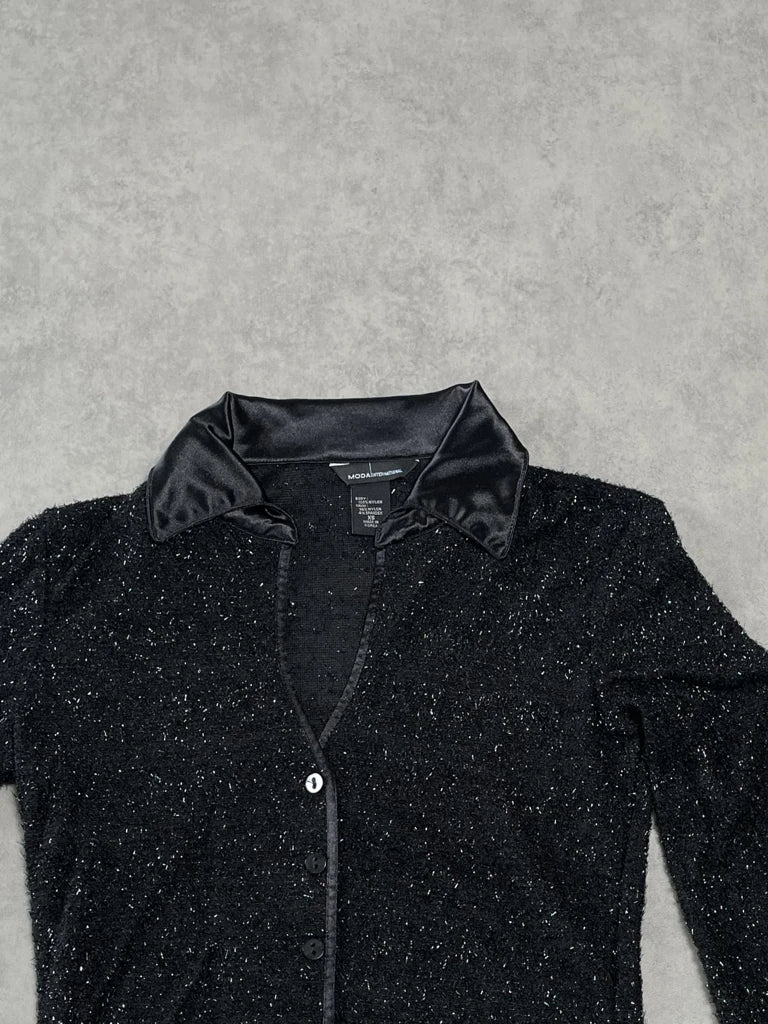 detail view, Moda International Black Glitter Shirt, vintage Y2K second hand piece