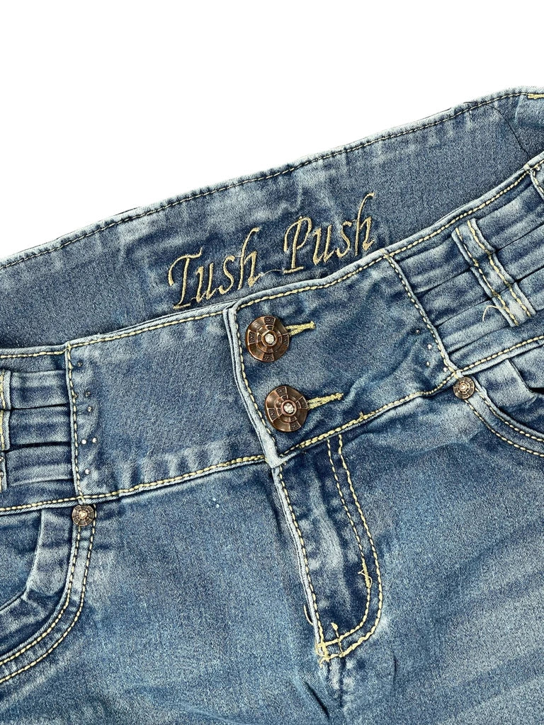 detail view, Tush Push Blue Vintage Denim Skirt, vintage Y2K second hand piece