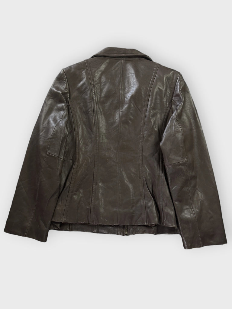 back view, Preston & York Brown Faux Leather Jacket Women, vintage Y2K second hand piece