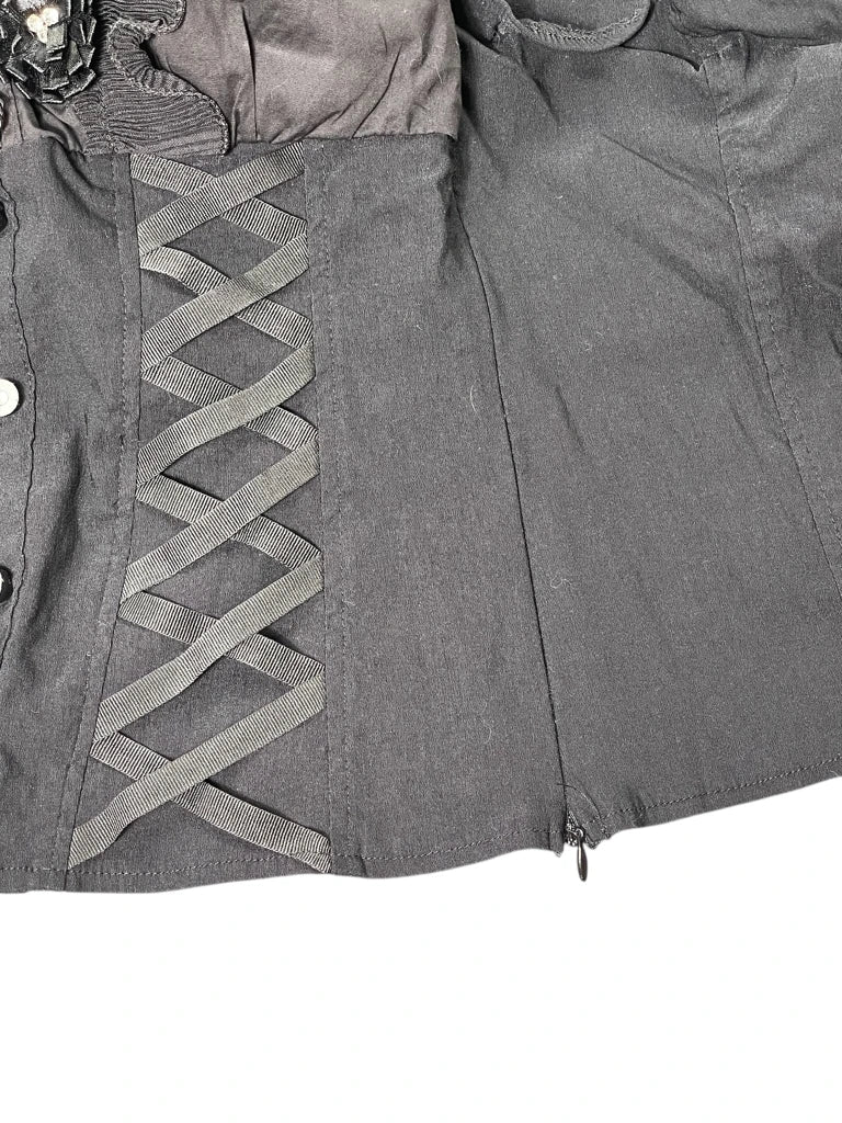 detail view, Black Corset Top with Floral Appliqué, vintage Y2K second hand piece