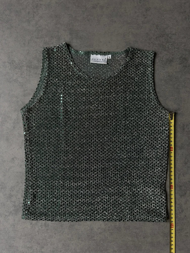 detail view, Hennes Collection (L)Y2K Mini Green Glitter Top, vintage Y2K second hand piece, image 9