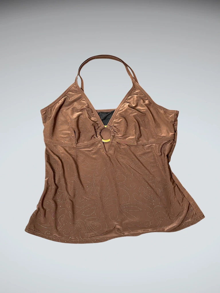 detail view, Brown Ring Detail Y2K Halter Top, vintage Y2K second hand piece