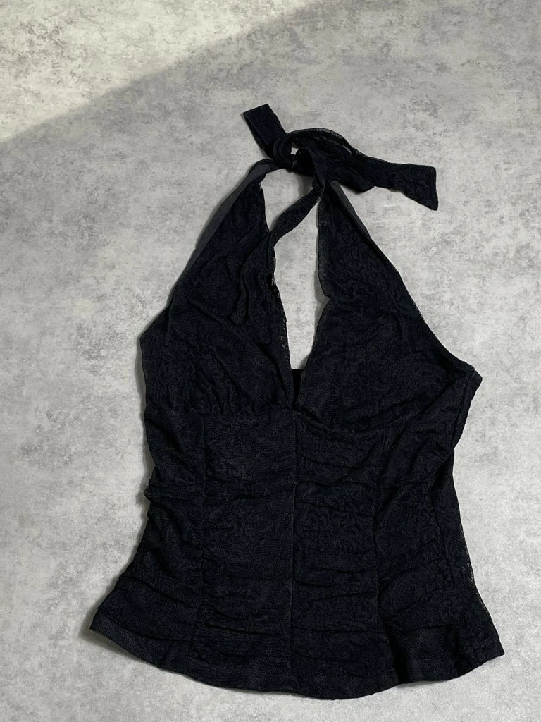 detail view, Necessary Objects lace top with neck strings, vintage Y2K second hand piece, image 4