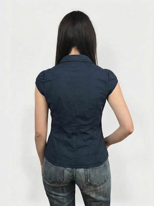 Dark blue button-up body shirt with short sleeves, back view.