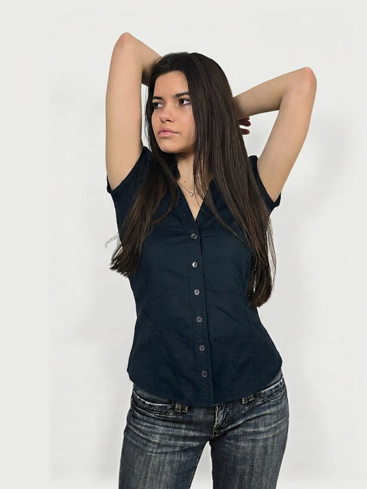 Dark blue button-up body shirt with short sleeves, front view.