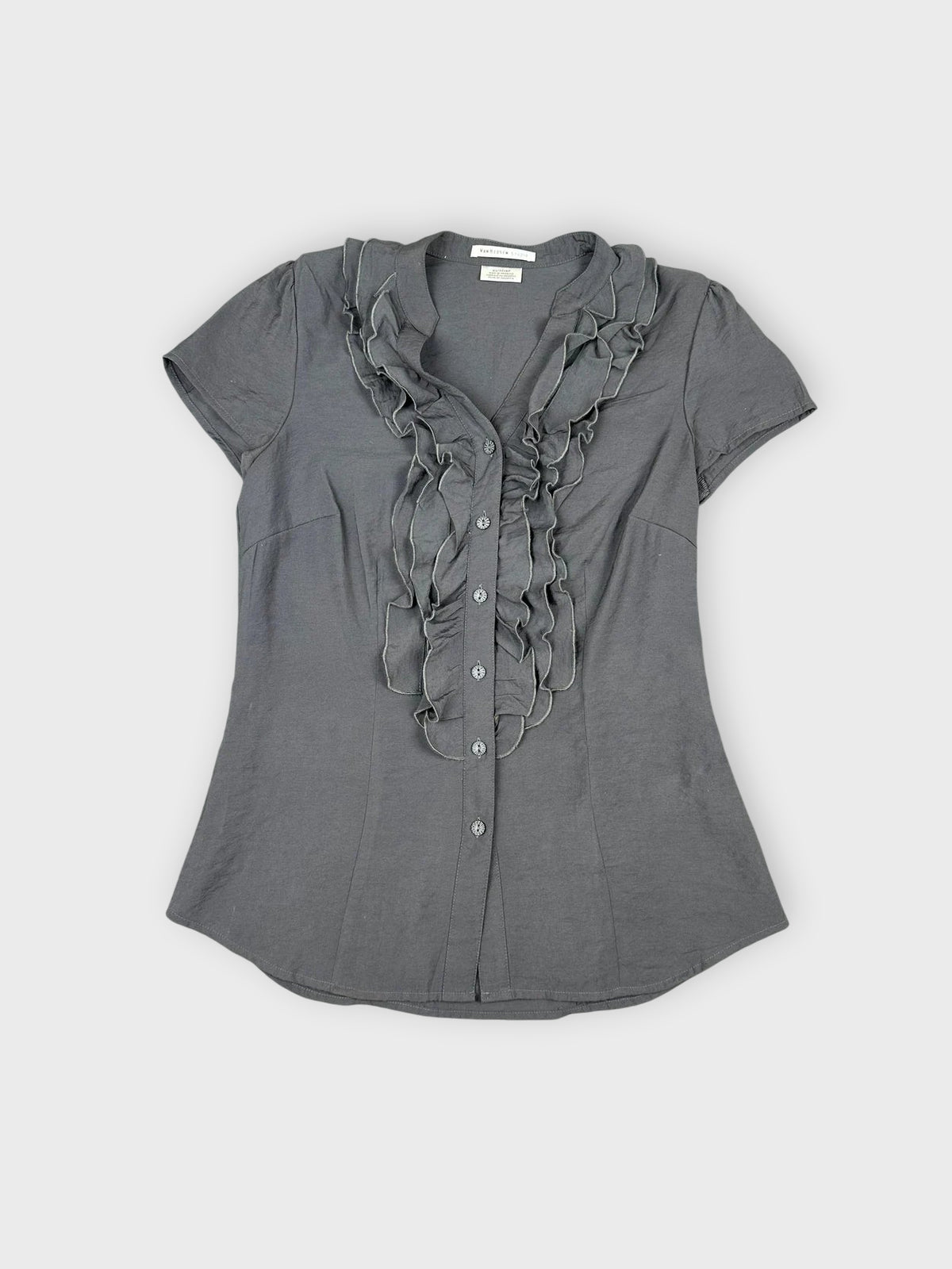 Dark gray button-up shirt with ruffled details front view