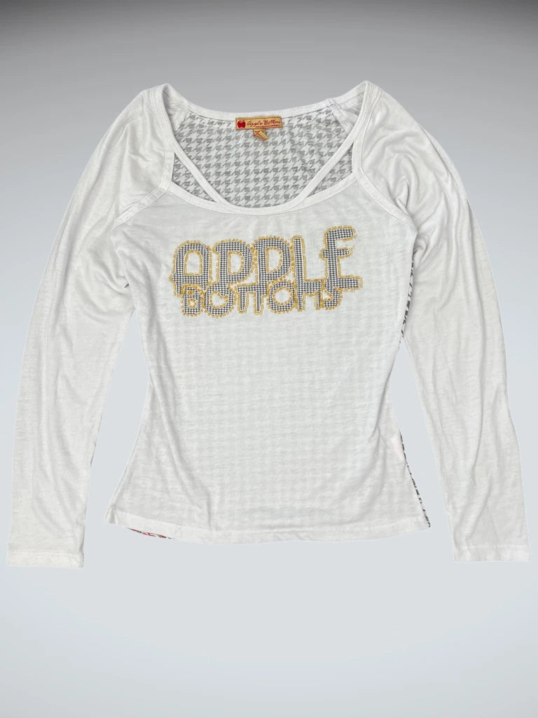detail view, White Apple Bottoms Rhinestone Logo Top, vintage Y2K second hand piece